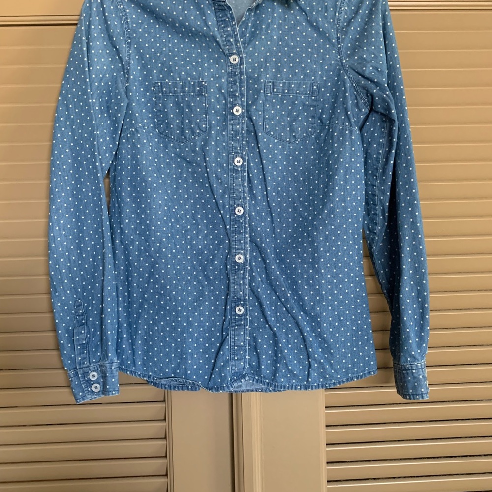 Limited white polka dot jean collared long sleeve shirt Sz XS